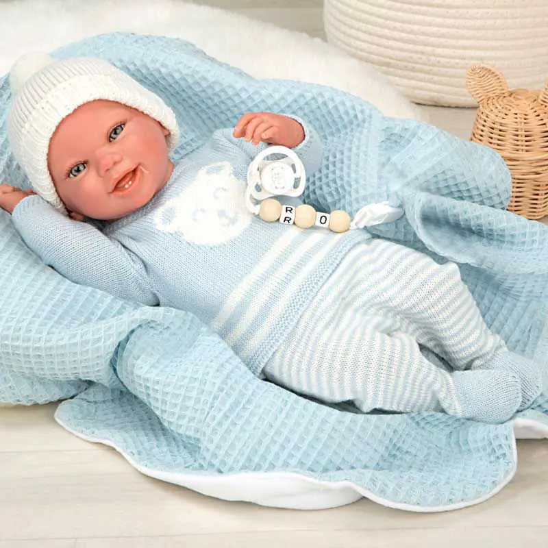 Реалистична кукла бебе Паоло Arias Reborn 40 см. със синьо одеяло и аксесоари